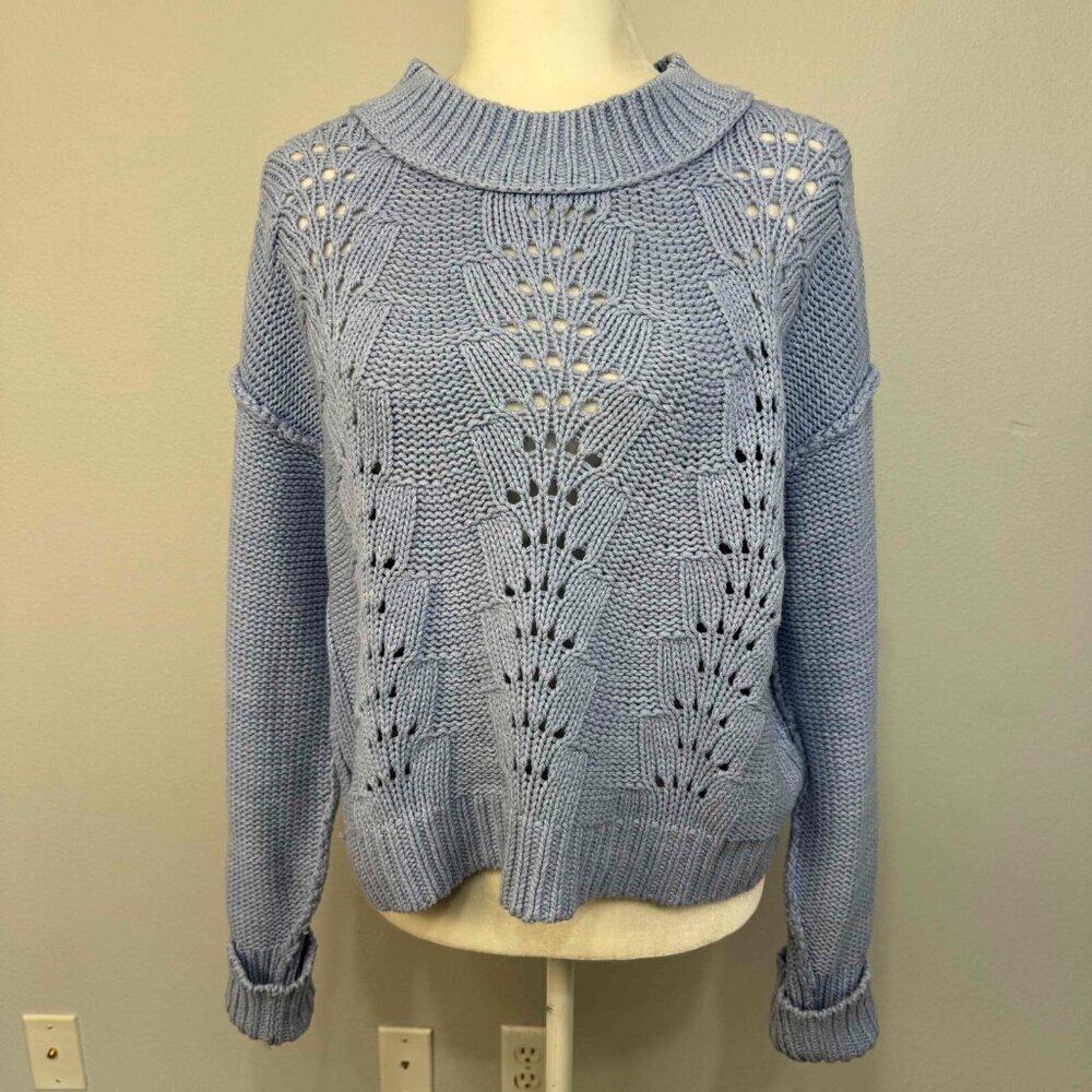 Free People Women's Bell Song Pullover Cropped Sweater Cotton Blend Blue Medium